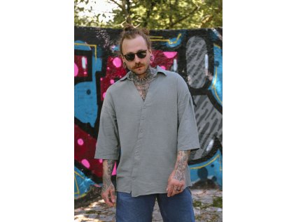 Pánska oversize košile, atypické zapínaní (Barva khaki, Velikost XL)