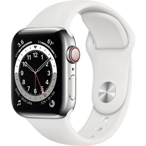 Apple Watch Series 6 44mm Cellular (Stav A) Stříbrná nerezová ocel s bílým sportovním řemínkem MRGE3QC/A