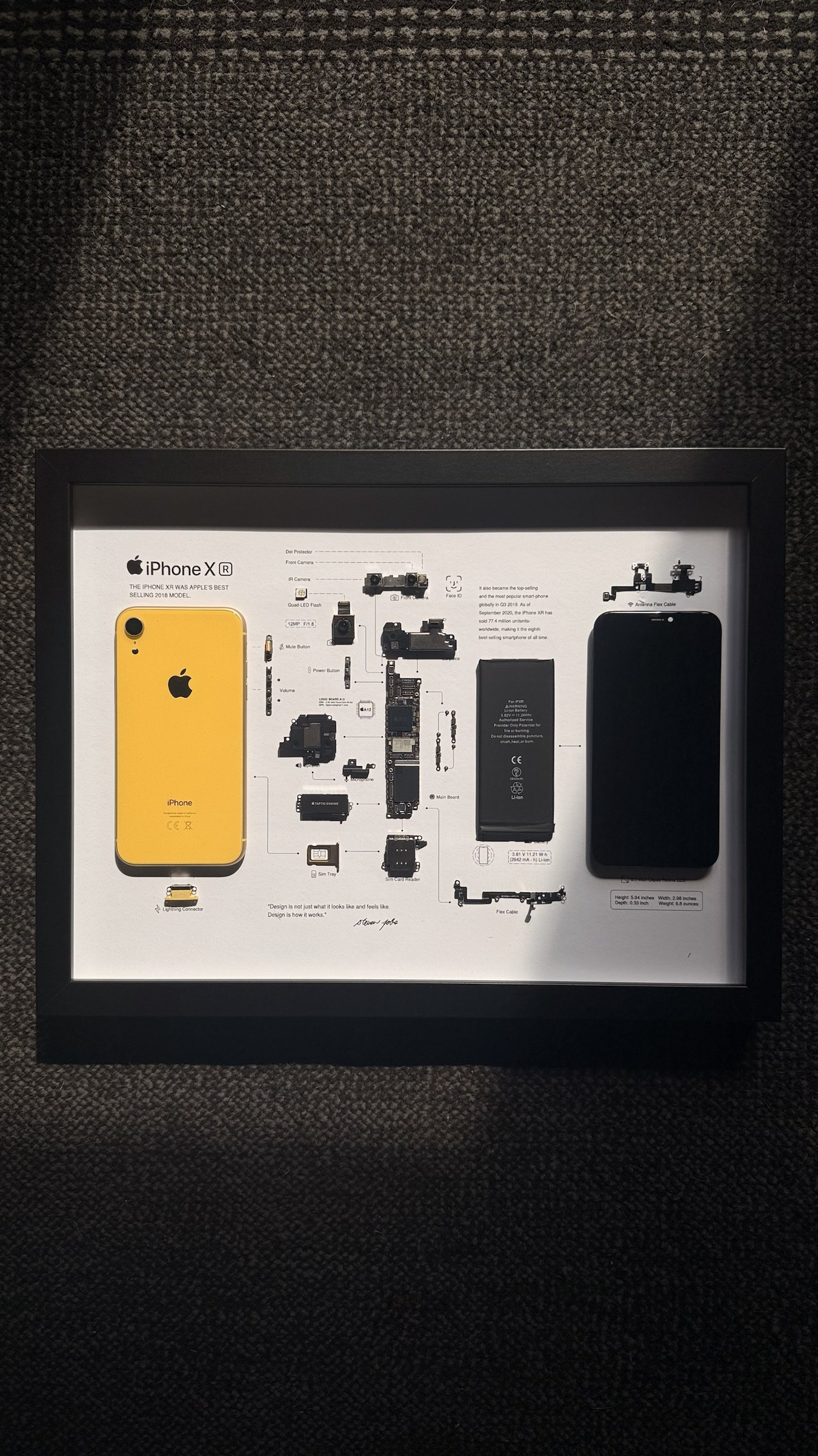Rozložený žlutý iPhone XR zarámovaný pod sklem