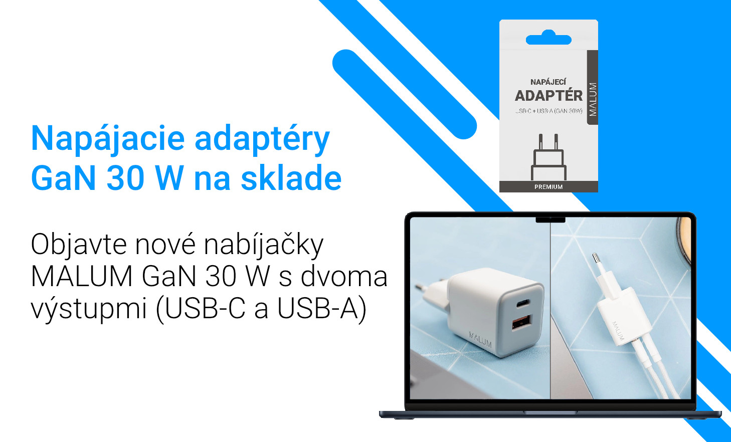 Objavte nové nabíjačky MALUM GaN 30 W s dvoma výstupmi (USB-C a USB-A)