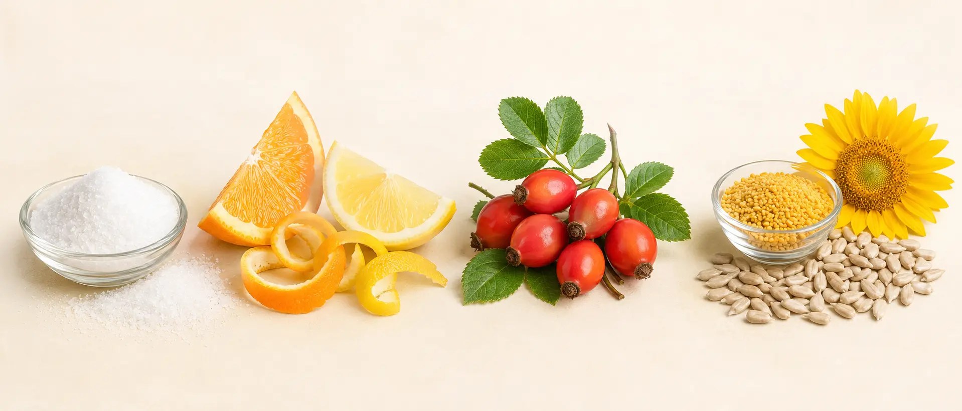 Vitamin C, šípek a rostlinné lipidové složky v ilustračním zátiší