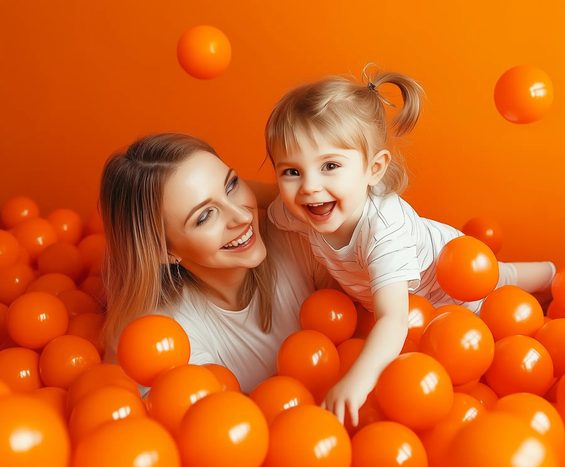 Maminka a malé dítě při společné hře v oranžovém prostředí
