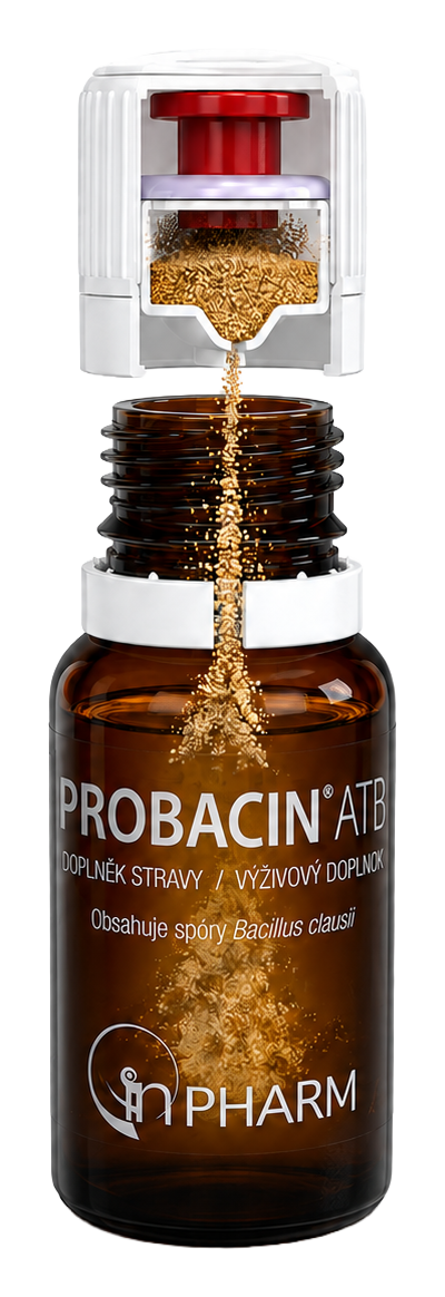 PROBACIN ATB – suché spóry se z dávkovacího víčka uvolňují do lahvičky