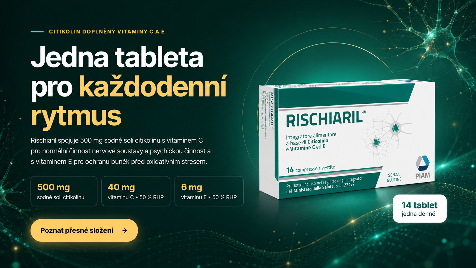 RISCHIARIL – tmavě zelený hero banner s produktem a hlavním sdělením o citikolinu