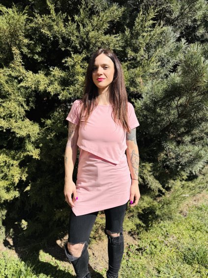 DÁMSKÉ Asymetrické "KOJICÍ I NEKOJICÍ" tričko LIGHT PINK  (krátký rukáv)