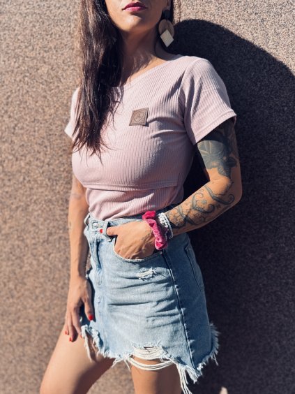 Žebrované Kojící tričko LIGHT PINK (krátký rukáv) - Maminka