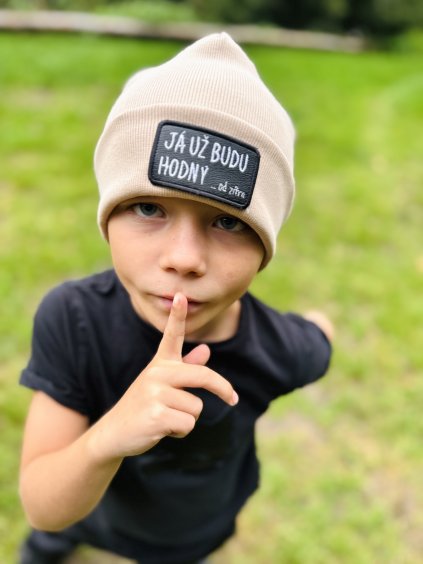 Žebrovaná čepice JÁ UŽ BUDU HODNÝ Beige - Dospělí / Děti (S BAMBULÍ nebo BEZ BAMBULE)