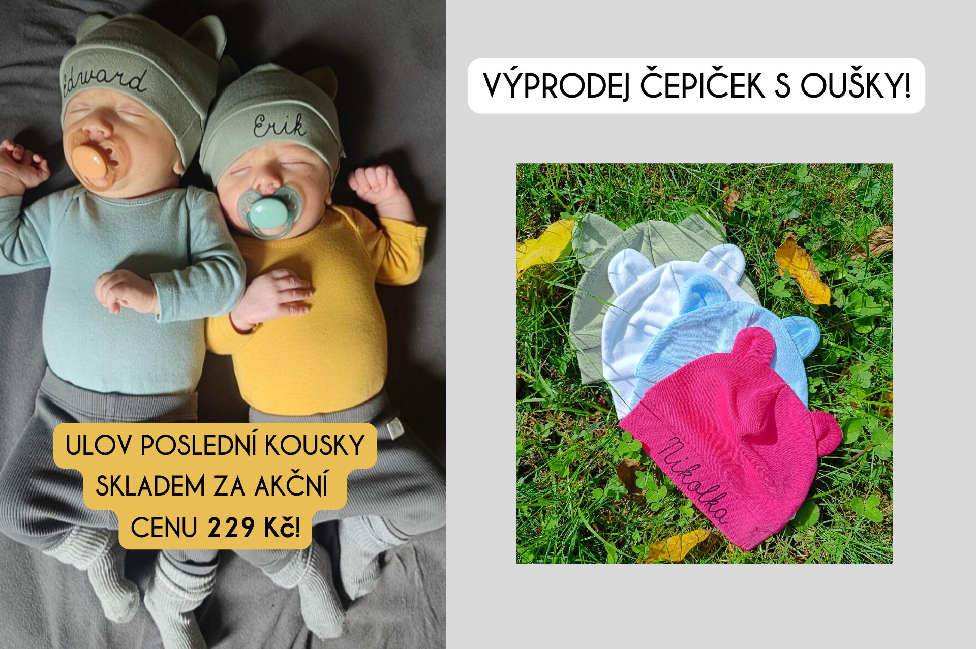 podzimní čepičky s oušky a se jménem výprodej