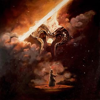 Takže dobrý večer! Balrog a Gandalf, 40x40, olej na pintuře. Dlouho jsem maloval akvarelem do perokresby, chtělo to změnu....