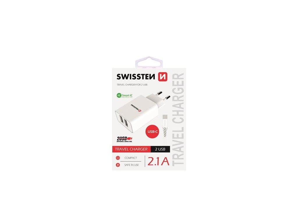 SWISSTEN SÍŤOVÝ ADAPTÉR SMART IC, CE 2x USB 2,1 A POWER BÍLÝ + DATOVÝ KABEL SWISSTEN USB / TYPE C 1,2 M BÍLÝ