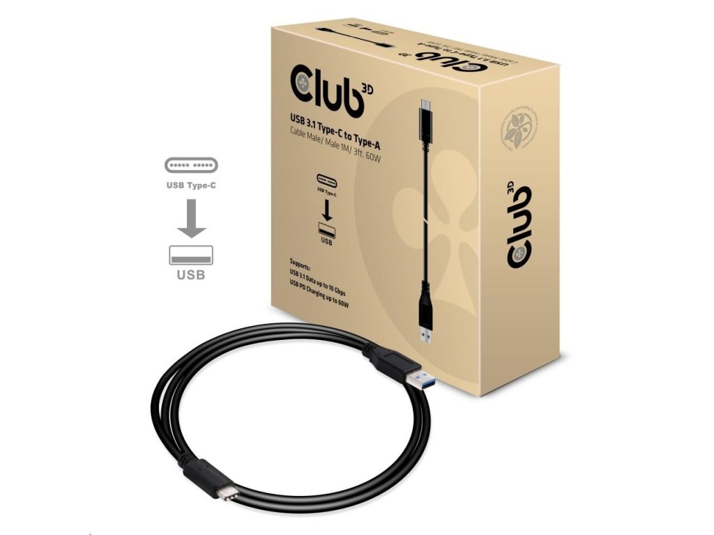 Kábel USB Club3D 3.1 Type-C na USB 3.1 Typ A, 10Gbps Power Delivery 60W (M/M), 1m