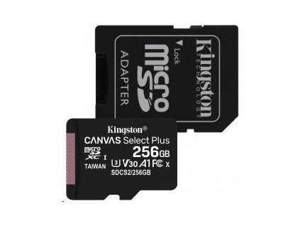 256 GB . microSDXC karta Kingston Canvas Select Plus Class 10 (r/w 100MB/s / 85MB/s) + adaptér