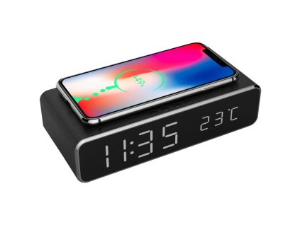 Gembird digitálny budík s funkciou bezdrôtovej nabíjačky pre smartfóny, čierny