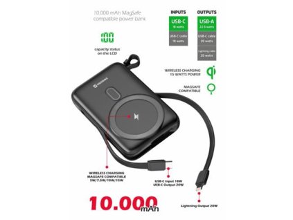 SWISSTEN POWER BANK 10000 mAh PD 20W S INTEGROVANÝMI KABELY USB-C A LIGHTNING (kompatibilní s MagSafe)