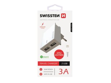 SWISSTEN SÍŤOVÝ ADAPTÉR SMART IC, CE 2x USB 3 A POWER BÍLÝ + DATOVÝ KABEL SWISSTEN USB / LIGHTNING 1,2 M BÍLÝ