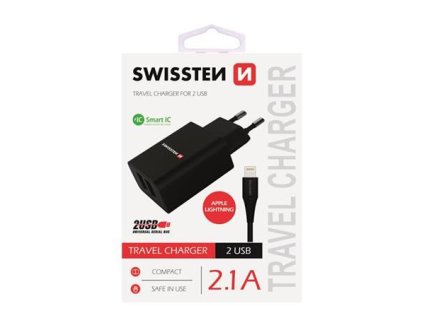 SWISSTEN SÍŤOVÝ ADAPTÉR SMART IC, CE 2x USB 2,1 A POWER ČERNÝ + DATOVÝ KABEL SWISSTEN USB / LIGHTNING 1,2 M ČERNÝ