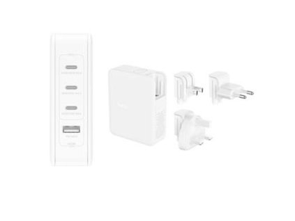 Belkin BOOST CHARGE™ 140W 4-portová USB-C Power Delivery GaN PPS nástěnná nabíječka + UK, EU, US adaptéry, bílá