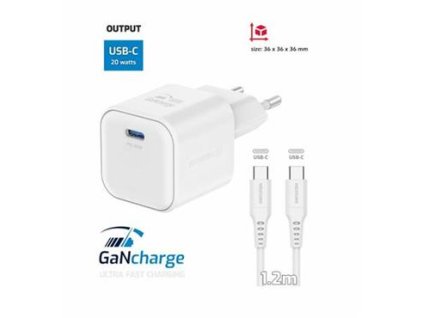 SWISSTEN SÍŤOVÝ ADAPTÉR GaN 1x USB-C 20W POWER DELIVERY BÍLÝ + DATOVÝ KABEL USB-C/USB-C 1,2 M BÍLÝ