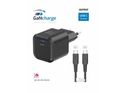 SWISSTEN SÍŤOVÝ ADAPTÉR GaN 1x USB-C 20W POWER DELIVERY ČERNÝ + DATOVÝ KABEL USB-C/USB-C 1,2 M ČERNÝ