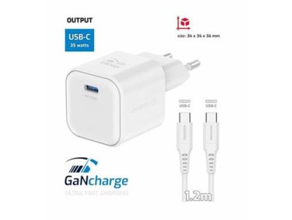 SWISSTEN SÍŤOVÝ ADAPTÉR GaN 1x USB-C 35W POWER DELIVERY BÍLÝ + DATOVÝ KABEL USB-C/USB-C 1,2 M BÍLÝ