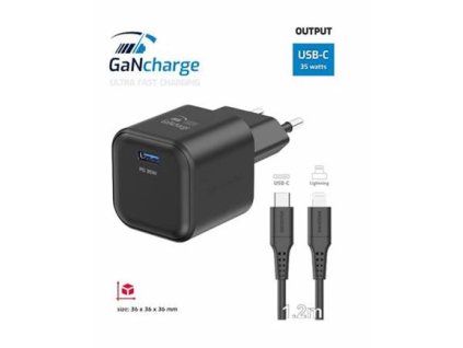 SWISSTEN SÍŤOVÝ ADAPTÉR GaN 1x USB-C 35W POWER DELIVERY ČERNÝ + DATOVÝ KABEL USB-C/LIGHTNING 1,2 M ČERNÝ