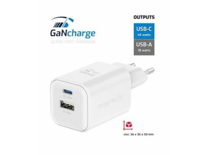 SWISSTEN SÍŤOVÝ ADAPTÉR GaN 1x USB-C 45W PD + 1x USB-A 18W QC BÍLÝ