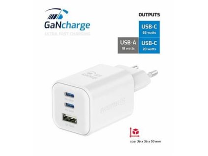 SWISSTEN SÍŤOVÝ ADAPTÉR GaN 2x USB-C 65W PD + 1x USB-A 18W QC BÍLÝ