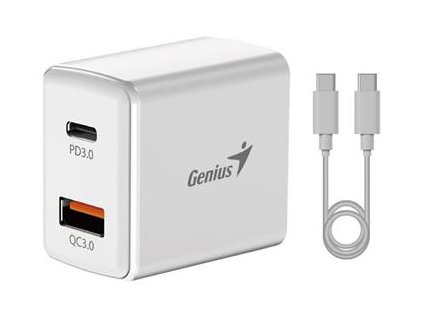 Genius PD-20ACP, Napájecí adaptér, univerzální, 20W, 1× USB-C, 1× USB, PD 3.0, QC 3.0, bílý + 1m USB-C kabel
