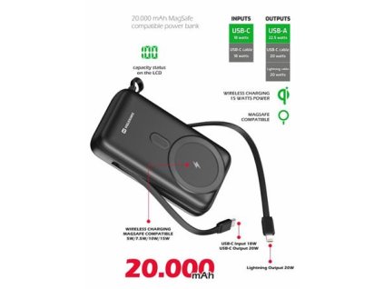 SWISSTEN POWER BANK 20000 mAh PD 20W S INTEGROVANÝMI KABELY USB-C A LIGHTNING (kompatibilní s MagSafe)