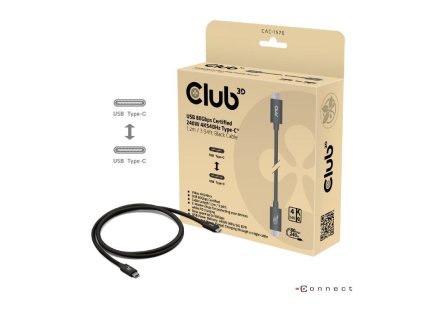 Club3D Kabel USB4 v2 Typ-C, 80Gbps, Certifikovaný kabel, 4K540Hz, 8K240Hz, 16K60Hz, PD 240W, 1,2m