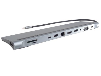 PREMIUMCORD Dokovací stanice USB-C 10v1, 1xHDMI, 1xVGA, 2xUSB-C, 3xUSB, 1xRJ45, čtečka SD karet, šedá