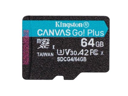 Kingston MicroSDXC karta 64GB Canvas Go! Plus, R:200/W:160MB/s, Class 10, UHS-I, U3, V30, A2 + Adaptér