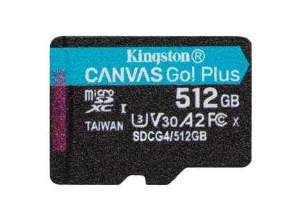 Kingston MicroSDXC karta 512GB Canvas Go! Plus, R:200/W:160MB/s, Class 10, UHS-I, U3, V30, A2 + Adaptér