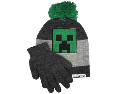 Minecraft Creeper Bobble Hat & Glove Set Kids Gaming Gift Idea Boys -Súprava Čiapka a rukavice