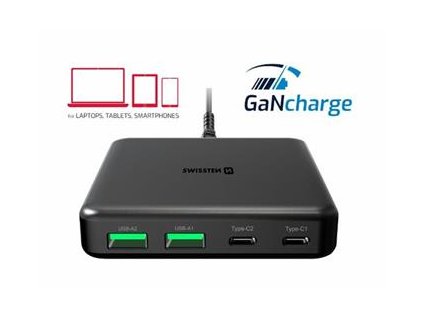 SWISSTEN MINI DESKTOP ADAPTÉR GaN 2x USB-C + 2xUSB 65W POWER DELIVERY ČERNÝ