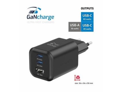 SWISSTEN SÍŤOVÝ ADAPTÉR GaN 2x USB-C 65W PD + 1x USB-A 18W QC ČERNÝ