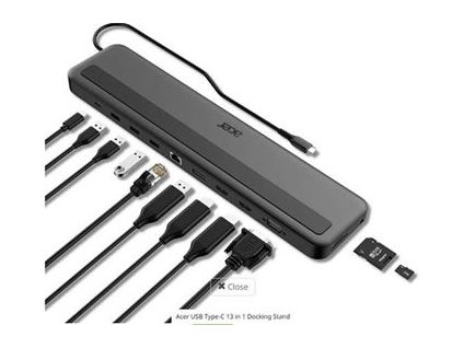 Acer 13in1 Type C Minidock: 3x USB3.0 (5Gbps Data Transfer), 1x USB-C (5Gbps Data transfer), 1x USB-C Power Delivery (up to 100W)