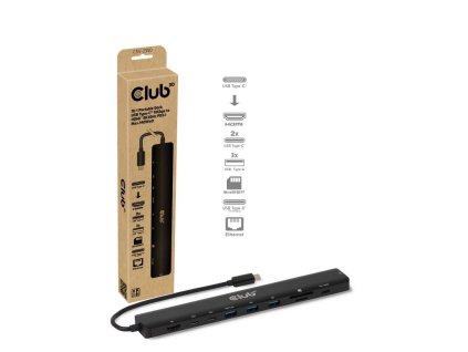 Club3D Dokovací stanice 10v1, USB-C 3.2, 1xHDMI, 2xUSB-C, 3xUSB, 1xmicroSD/SD, 1xUSB-C PD140W, 1xRJ45, černá
