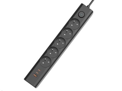 Viking síťová prodlužovací zásuvka YC53, 5x AC 230V, 1x USB-A, 2x USB-C, délka 1,5 m, černá