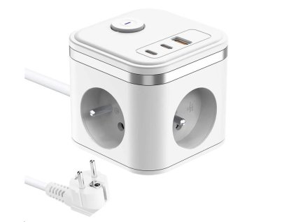 Viking síťový adaptér YC33, 3x 230 V, 1x USB-A, 2x USB-C, tlačítko ON/OFF, délka 1,4 m, bílá
