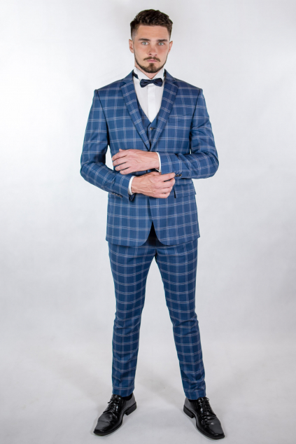 Kárované nohavice modrej farby Chinos SLIM, klasické (Výšková veľkosť 3, Šírková veľkosť 50)