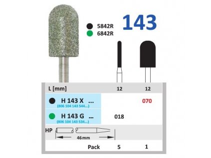 HORICO diamantový brousek - cylindr zakulacený, H143, průměr 1,8mm, G-hrubá