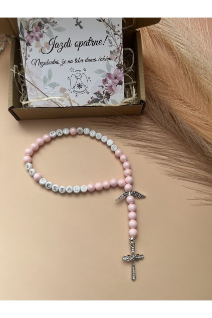 Ruženec s textom Pre šťastie na cestách - Ružový