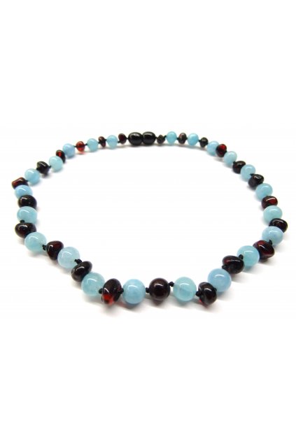 Jantarové korálky - RUBÍNOVÝ JANTAR A AKVAMARÍN