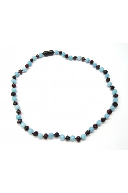 Jantarový náhrdelník - rubínový jantar a akvamarín, 45cm