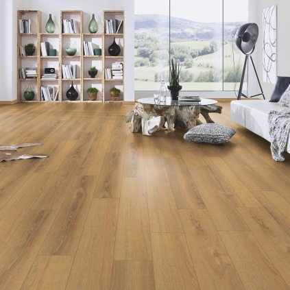 laminatova podlaha kronooriginal atlantic 8 dub siena montreux v obyvacke s kniznicou 17510