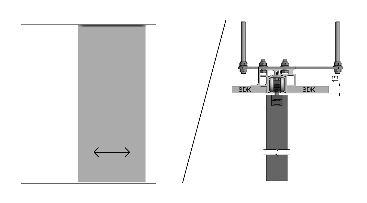 Jednokolejnicový posuv do stropu skrytý PREMIUM - podhled z obou stran - ELOX šířka průchodu/ délka kolejnice: 100/ 210 cm, typ kotvení: na závitové…