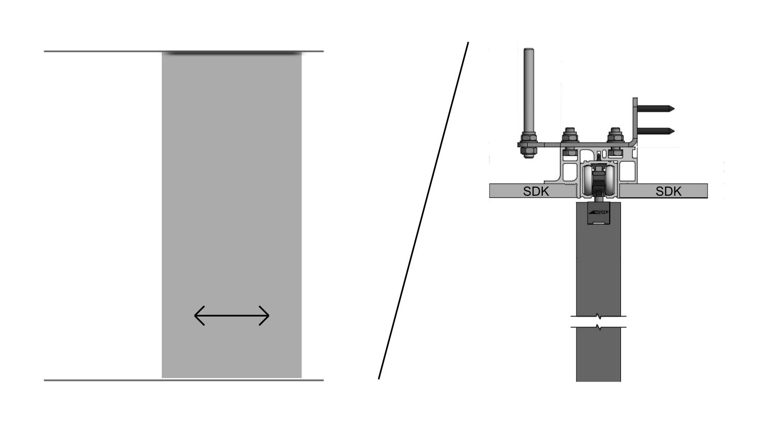 Jednokolejnicový posuv do stropu skrytý PREMIUM - podhled z obou stran - ELOX šířka průchodu/ délka kolejnice: 80/ 170 cm, typ kotvení: do zdi +…