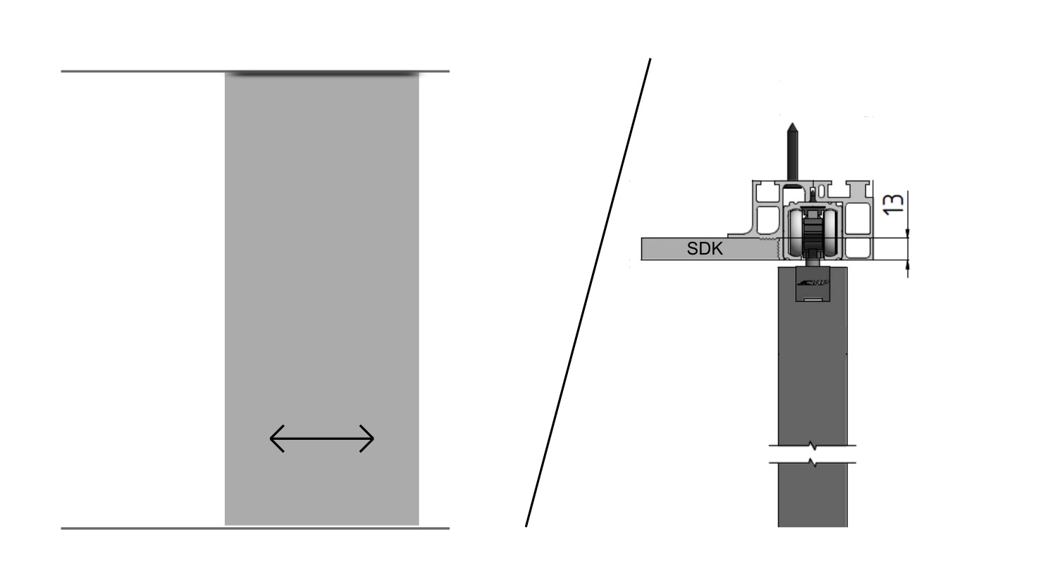 Jednokolejnicový posuv do stropu skrytý PREMIUM - podhled z jedné strany - ELOX šířka průchodu/ délka kolejnice: 70/ 150 cm, typ kotvení: do stropu