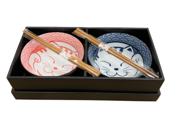 Fuji set dvou misek  kočka velká dvě barvy + hůlky ( BH56-LN )